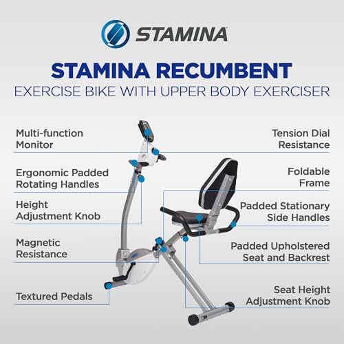 Stamina Recumbent Exercise Bike with Arm Workout - Fitness Bike with Smart Workout App - Recumbent Exercise Bike for Home Workout - Up to 250 lbs