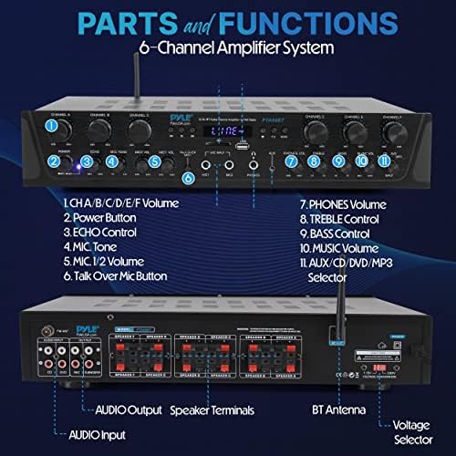 Pyle Bluetooth Home Audio Amplifier - 6 Channel Stereo Receiver Amp, 600 Watt Power, Commercial or Karaoke with Mic Talkover, Headphone Jack