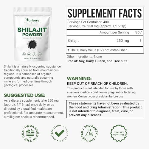Purisure Shilajit Supplement Powder, 100g, Pure Himalayan Mineral with Fulvic Acid Powder, 12:1 Pure Fulvic Minerals Compound for Energy Supplement