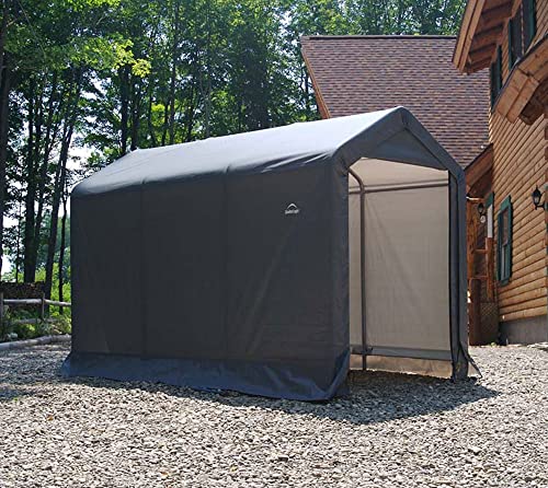 ShelterLogic 10' x 10' Shed-in-a-Box All Season Steel Metal Round Roof Outdoor Storage Shed with Waterproof Cover and Heavy Duty Reusable Auger Anchors, grey