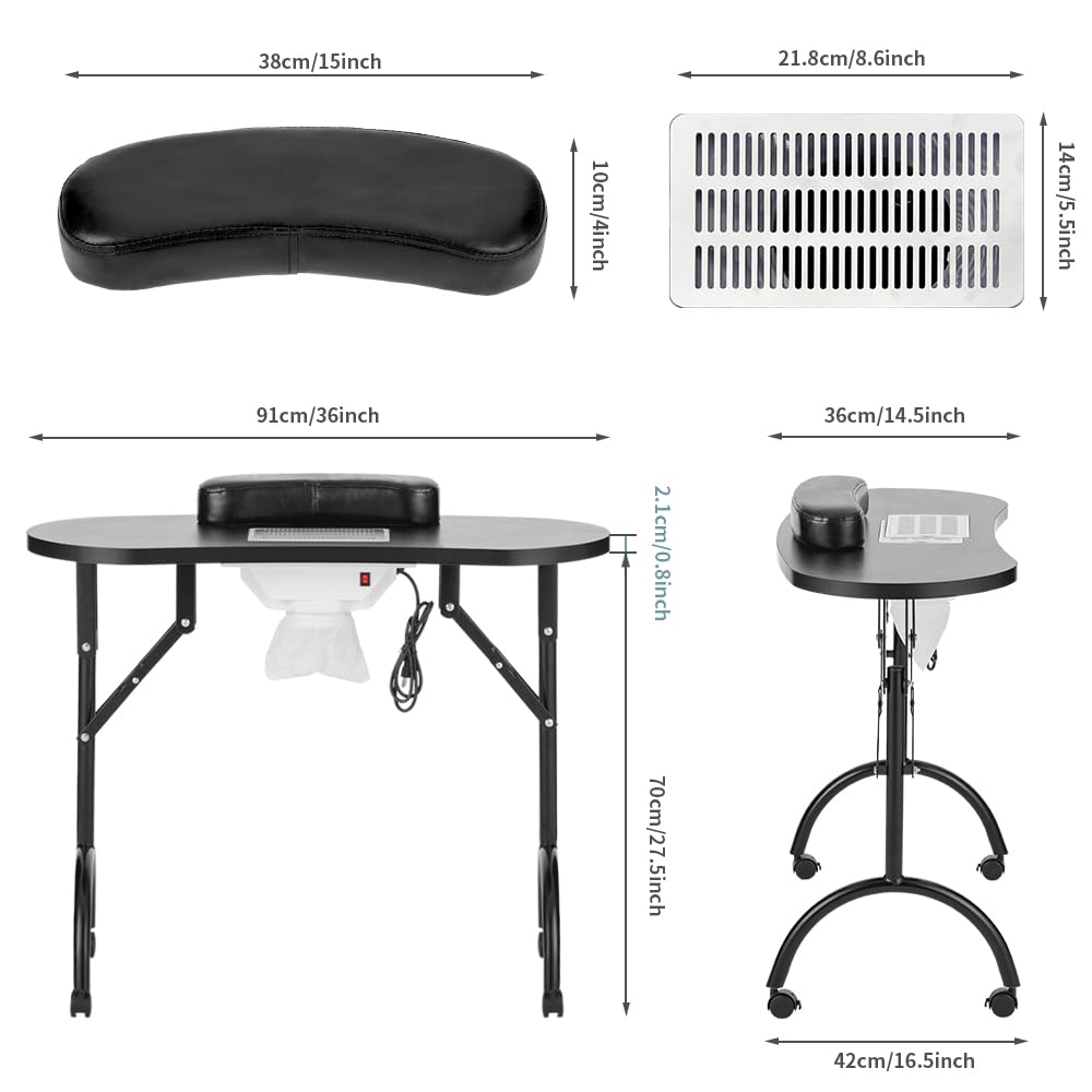 LEIBOU Professional Folding Portable Vented Beauty Manicure Table Nail Desk Salon Spa with Fan &Bag (35''x 16''x 28'') (Black)