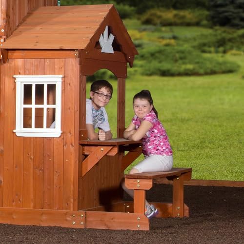 Backyard Discovery Shenandoah Cedar Wood Swing Set with Wave Slide, Raised Clubhouse, Playhouse, Play Kitchen, Belt Swings, Trapeze, Rock Wall, Ladder