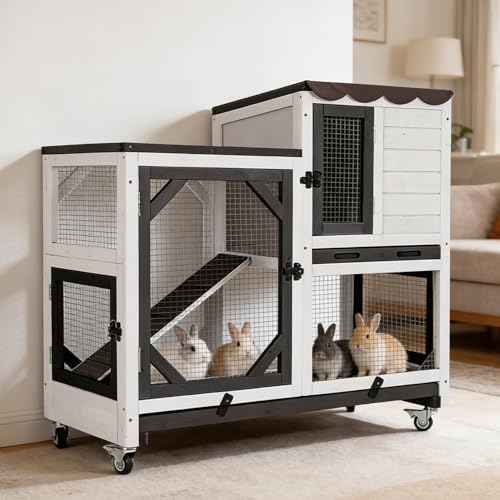 Outdoor Rabbit Hutch Indoor Bunny on Wheels Large Guinea Pig Cage with Run for Any Small Animals,Removable Pull Out Tray