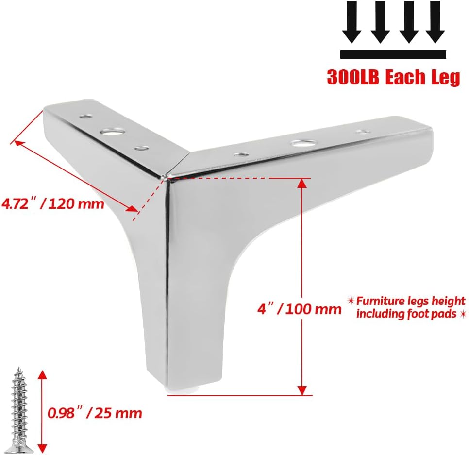 4 Pack 4 Inch Furniture Legs, Chrome Metal Polished Triangle Feet