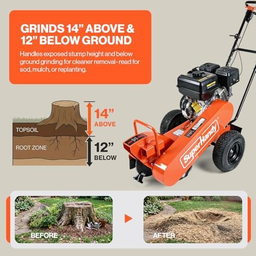 Superhandy 15HP Gas Powered Stump Grinder, 420cc 4-Stroke Engine, 8 Tungsten Carbide Teeth