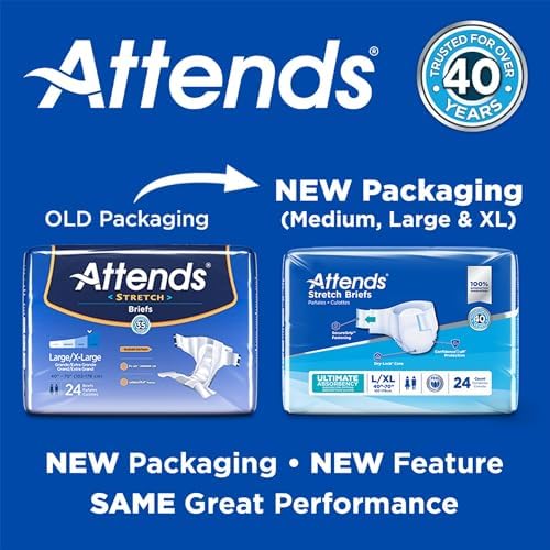 Attends Stretch Adult Incontinence Disposable Briefs, Large/X-Large, 40"-70" Waist with SecureGrip Tab Closure, Ultimate Absorbency with Dry-Lock Containment Core and Breathable Side Panels, 96ct Case