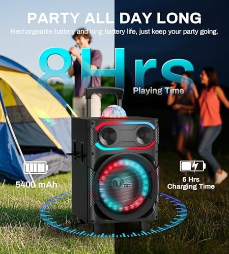 Karaoke Machine for Adults with 2 Wireless Microphones, BT PA System with Disco Ball LED Lights, Rolling Wheels, Tablet Holder, Remote Control
