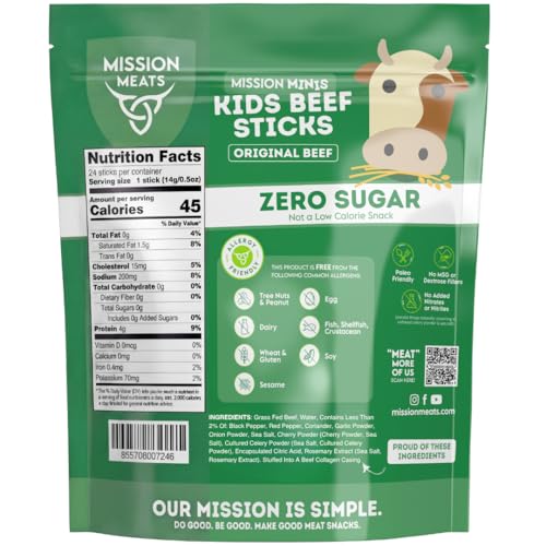 Mission Meats Kids Beef Sticks, Zero Sugar, Healthy Mini Snacks 0.5oz, 24ct | Healthy Back-to-School Snack, Great for Lunches & Sports, Top 9 Allergen Free, Individually Wrapped, Kid-Loved & Not Spicy