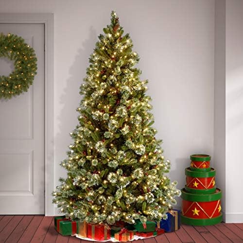 National Tree Company 7.5ft Pre-Lit Wintry Pine Medium Christmas Tree | 650 Clear Lights, 831 Tips, Flocked, Pinecones, Red Berries, Includes Stand, Green