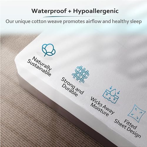 PlushDeluxe Waterproof King Mattress Protector, Terry Cotton | Fitted Sheet Bed Cover, Deep Stretchable Pockets, 76"x80"x18", Noiseless, Breathable, Hypoallergenic, Mite Proof, Washable