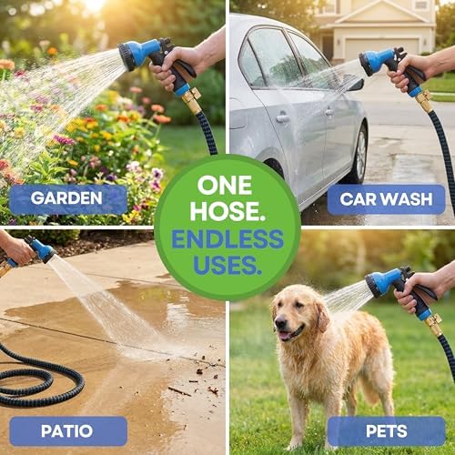 J&B XpandaHose 75ft Expandable Garden Hose, Lightweight, Brass Connectors | Ultra Strong 3750D fabric, 4-layer latex core, expands 3X, kink & leak-resistant, 10-pattern nozzle, storage bag
