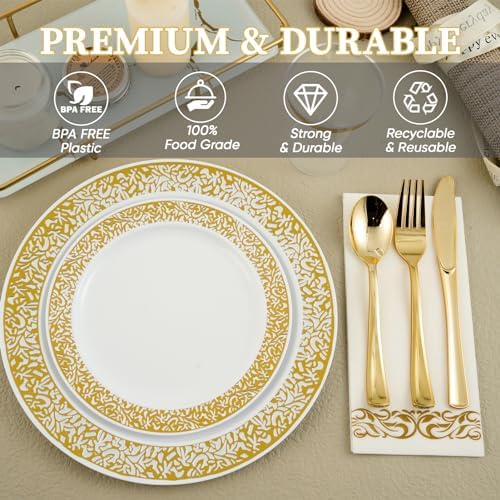 FOCUSLINE 175 Pieces Rose Gold Disposable Dinnerware Set for 25 Guests