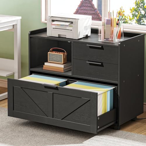 HOOBRO Lateral File Cabinet, Wooden Office Storage Drawers with Charging Station, Filing Cabinet for Home Office, A4/Letter/Legal-Sized Files, Printer Stand with Open Storage Spaces, White WT37UWJ01