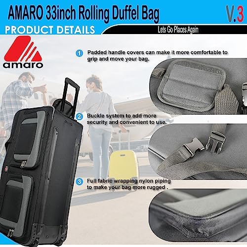 AMARO 36 Inch Rolling Duffle Bag with Wheels, Extra Large Heavy Duty Travel Duffel Luggage with Telescopic Handle, Multiple Pockets, Collapsible Storage, Black/Grey