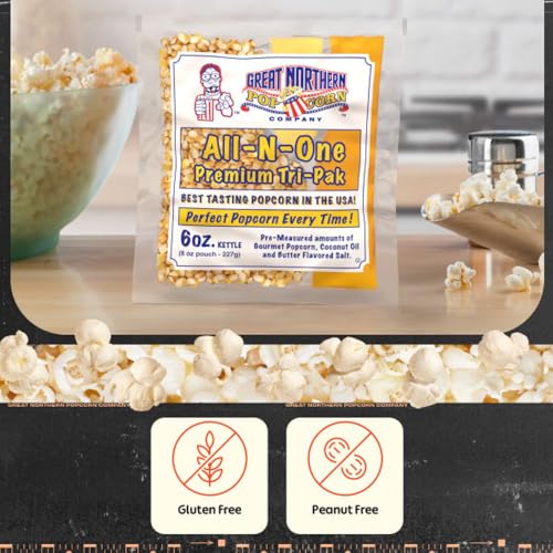 Great Northern Popcorn Movie Theater Style 6oz Popcorn Packs, 12 Case | All-in-One Pre-Measured Kernels, Butter Flavored Salt, and Coconut Oil Packs for 6oz Kettle - Movie Night Supplies