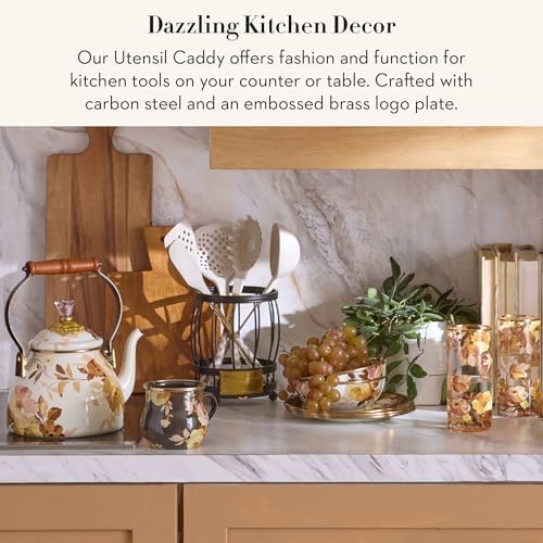 MACKENZIE-CHILDS Utensil Caddy | Sturdy cutlery organizer, made from coated carbon steel with brass logo plate, 6" dia. x 7" H