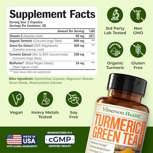 Turmeric Curcumin Supplement with Green Tea Extract (ECGC) & Vitamin C for Joint Health, Energy & Inflammation Balance - Organic Tumeric Curcumin with Black Pepper - Gluten-Free, Non-GMO - 60 Capsules