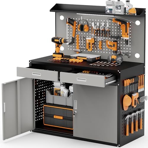 65" Heavy Duty Garage Workbench with Storage Drawers & Pegboard, 2000lbs Capacity Metal Work Bench with Lockable Magnetic Cabinets
