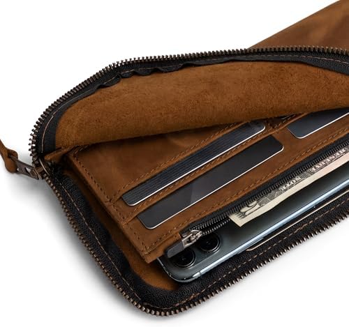 Hide & Drink, Leather Long Zippered Wallet, Holds Up to 8 Cards Plus Coins And Flat Bills, Phone Holder, Travel Essentials, Handmade (Bourbon Brown)