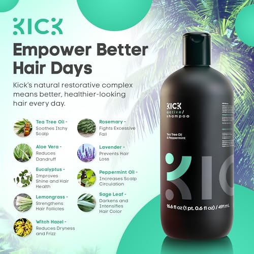 Kick Mens Shampoo - Peppermint & Tea Tree, Anti-Dandruff for Oily Hair | Oil Control & Scalp Soothing - Itchy Scalp Relief - Sulfate-Free