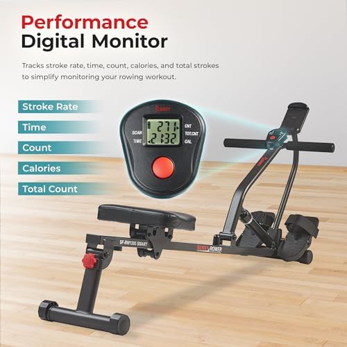 Sunny Health & Fitness Compact Hydraulic Rower with 12-Level Resistance | Full-Body Cardio, Joint-Friendly, Lightweight & Portable, Quiet & Smooth Ride, Easy-Assembly, Free SunnyFit App