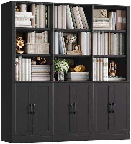 70” H x 63” W Triple Wide Bookshelf, Tall Bookcase with 6 Doors | 5 Tier Book Shelf with 15 Storage Shelves, Tall Book Case Large Bookshelves with Storage Cabinet for Home Office, White
