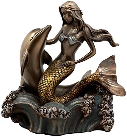 Ebros Atlantis Mermaid Embracing Dolphin by Ocean Waves Statue 4.5" L Art Nouveau Nautical Mermaid Decorative Figurine