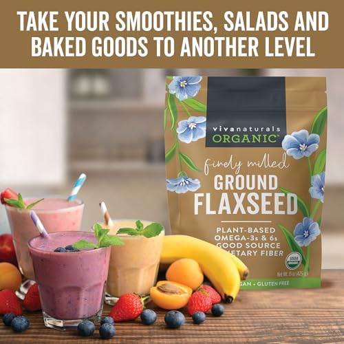 Viva Naturals Organic Ground Flaxseed, 15 oz (425 g) – Plant-Based Protein, Vegan Omega-3 & Fiber, Finely Milled Flax Seeds, Perfect for Smoothies & Baking