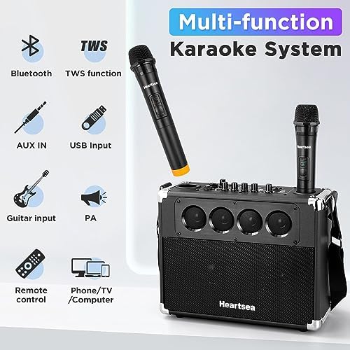 HEARTSEA Portable Karaoke Machine with Wireless Mics, Bluetooth Speaker | 3-Way Sound, TWS Stereo Pairing, Guitar Input, USB/AUX