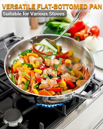 Cooks Standard Classic 12-Inch Stainless Steel Wok Stir Fry Pan with Glass Lid, 30cm Everyday Chef's Pan with Two Side Handles, Induction Compatible Cookware, Dishwasher & Oven Safe