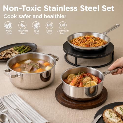 Tri-Ply Stainless Steel Cookware Set, 10pcs Pots and Pans Set Non Toxic | PFOA Free, Oven Safe to 900℉, Dishwasher Safe, All Cooktop Compatible