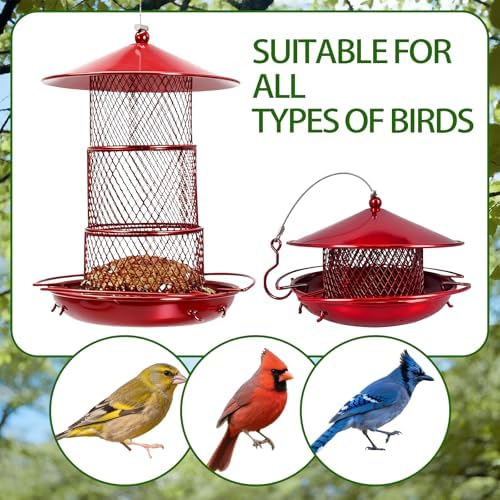 Three-Tier Metal Hanging Bird Feeder Durable and Sturdy, red Finish Large Capacity with Perch Mesh Design Features Drainage Holes (Red)