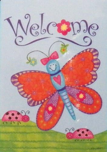 " Welcome " Smiley Butterfly and Smiley Ladybugs Large Applique Yard Flag 28" x 40"