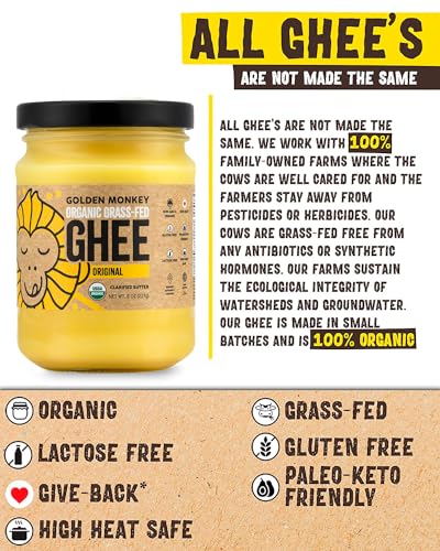 GOLDEN MONKEY Organic Ghee Butter – Grass Fed Clarified Butter for Cooking, Baking