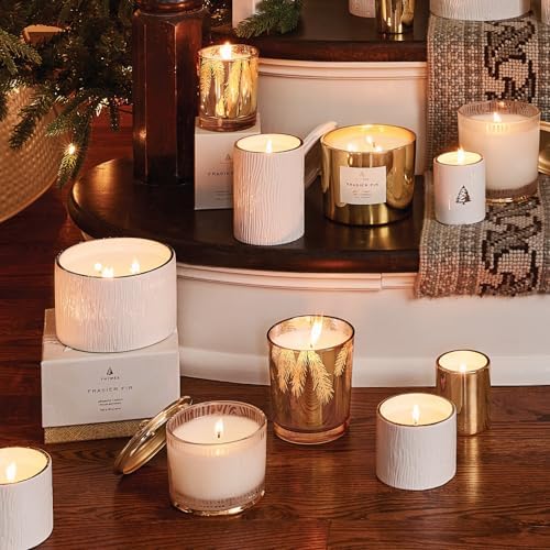 Thymes Frasier Fir Candle - Gilded Collection - Wood Grain Ceramic Design with 24-Karate Gold Rim - Mountain Fresh Fragrance - Elegant Winter Candle Scents - Gifts for Women & Men (3-Wick, 20 oz)