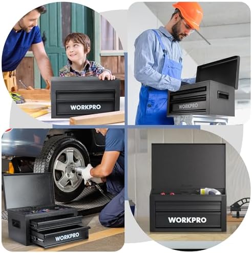 WORKPRO 15 Inch Metal Tool Box with 2 Drawers & 1 Top Storage, Heavy Duty Portable Tool Box with Handle for Garage, Office and Home, Up To 85 LBS Load Capacity