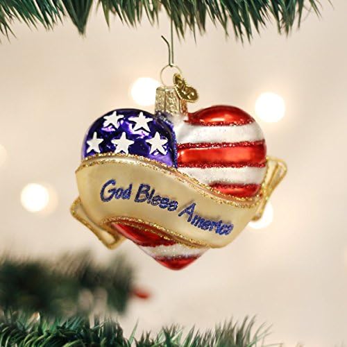 Old World Christmas God Bless America Heart Glass Blown Ornament for Christmas Tree, Handcrafted Holiday Decoration, Heart Collection