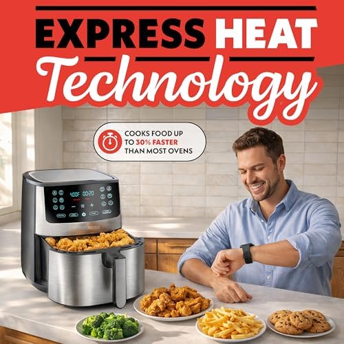 Gourmia Air Fryer Oven Digital Display 8 Quart Large AirFryer Cooker 12 Touch Cooking Presets