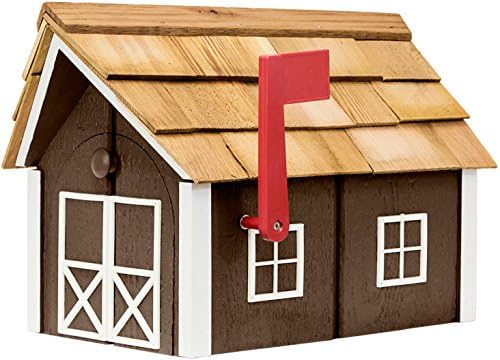 Amish-Made Deluxe Post Mount Wooden Mailbox with Cedar Shingles (Chestnut with White Trim)