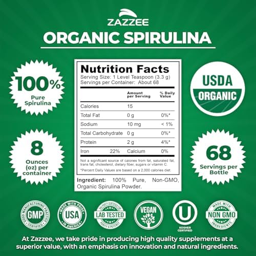 Zazzee USDA Organic Spirulina Powder, 2.2 Pounds (1 KG), 303 Servings | Certified Kosher, 100% Pure, Non-Irradiated, Mess-Free Wide Mouth Container, Fresh Smell, Neutral Taste, Non-GMO, Made in USA