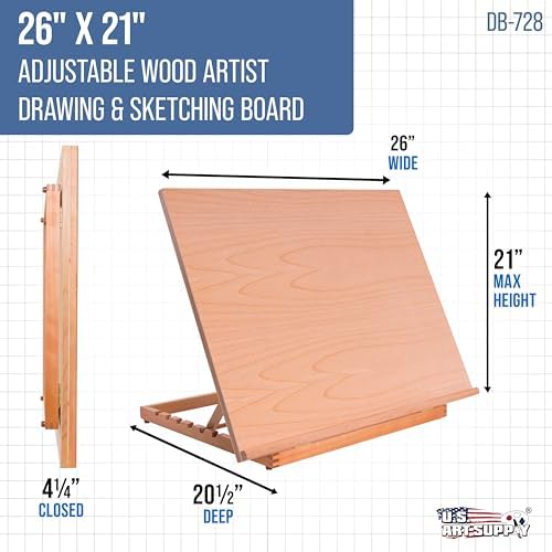 U.S. Art Supply X-Large 26" x 21" Wooden Drawing Board, Adjustable Table Top Easel for Painting and Drawing - Drafting Board with T-Square