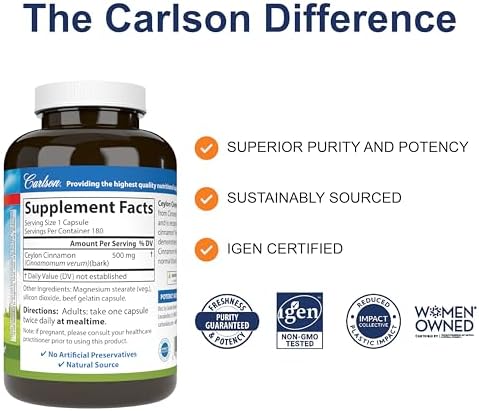 Carlson Ceylon Cinnamon, Cinnamon Supplements, 500 mg, 180 Capsules