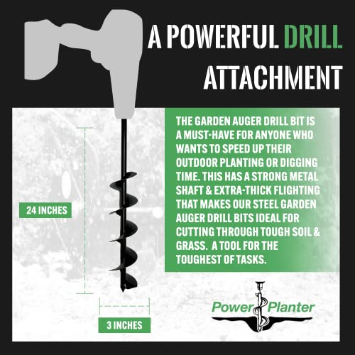 Power Planter Extended Length Garden Auger Drill Bit, 3" x 24" with 1/2" Non-Slip Hex Drive, Auger Drill Bit for Planting Bulbs and Potted Plants