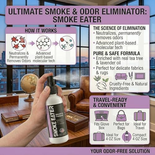 Smoke Eater Odor Eliminator Spray & Air Freshener, Lavender, 4 oz | Cigarette, Cigar, Cannabis & Tobacco, For Car, Home, Clothes, Travel Size, Tea Tree Oil Formula, Non-Aerosol Pump Spray