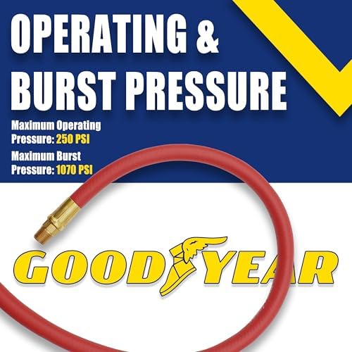 Continental 50' x 3/8" Red Rubber Air Hose - Working Pressure: 250 PSI - Burst Pressure: 1070 PSI - 100% Brass 1/4" NPT Fittings - Made in USA