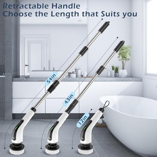 Electric Spin Scrubber, Power Shower Cleaning Brush with Long Handle | Cordless Cleaning Scrubber, 7 Replaceable Brush Heads, 90Mins Work Time