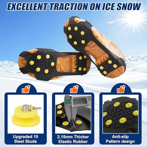 Ice Cleats for Shoes and Boots Ice Snow Grippers Anti-Slip Crampons 10 Studs Traction Cleat for Women Men Kids Hiking Fishing Walking Running Jogging