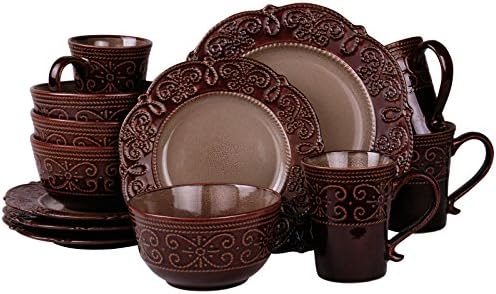 Elama Round Decorated Stoneware Scallop Embossed Dinnerware Dish Set, 16 Piece, Luna