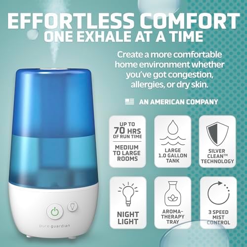 PureGuardian Ultrasonic Cool Mist Humidifier with Aromatherapy Tray, 70-Hour Run Time, 1-Gallon Tank Capacity, 320 Sq. Ft. Coverage for Small Rooms