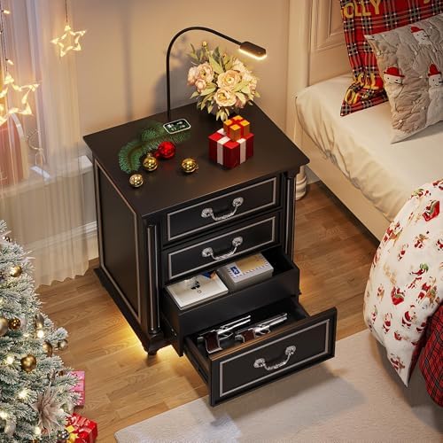 Dystler Nightstand with Gun Drawer and Charging Station | Night Stand with LED Light